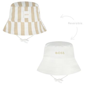 Baby Boys Beige & White Striped Logo Reversible Hat