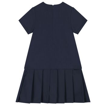 Girls Navy Blue Logo Pleated Dress