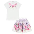 Girls White & Lilac Floral Skirt Set, 2, hi-res