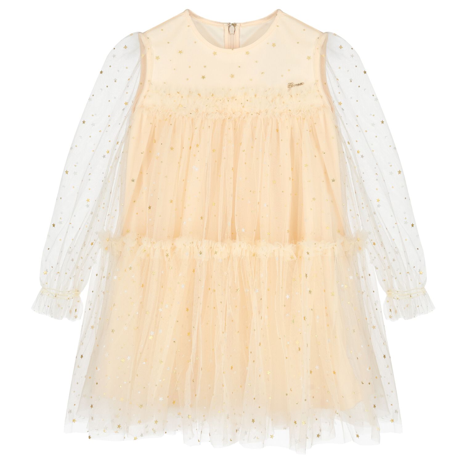 Girls Beige Stars Tulle Dress, 1, hi-res
