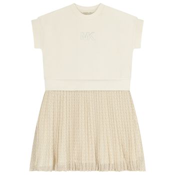 Girls Beige Logo Pleated Dress