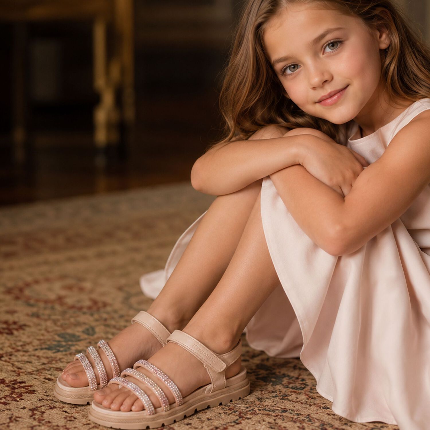 Girls Beige Logo Sandals , 1, hi-res