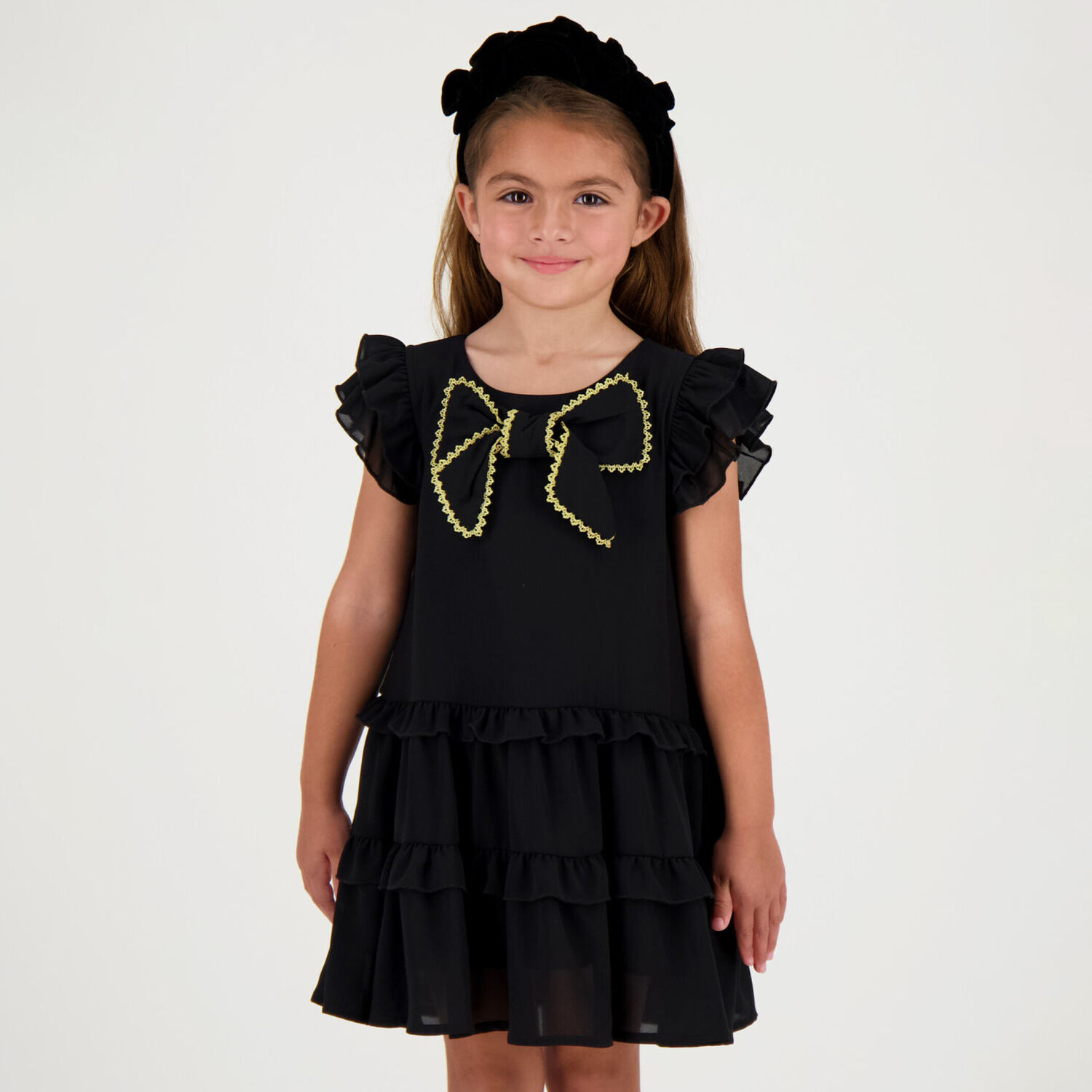 Girls Black Bow Dress, 1, hi-res