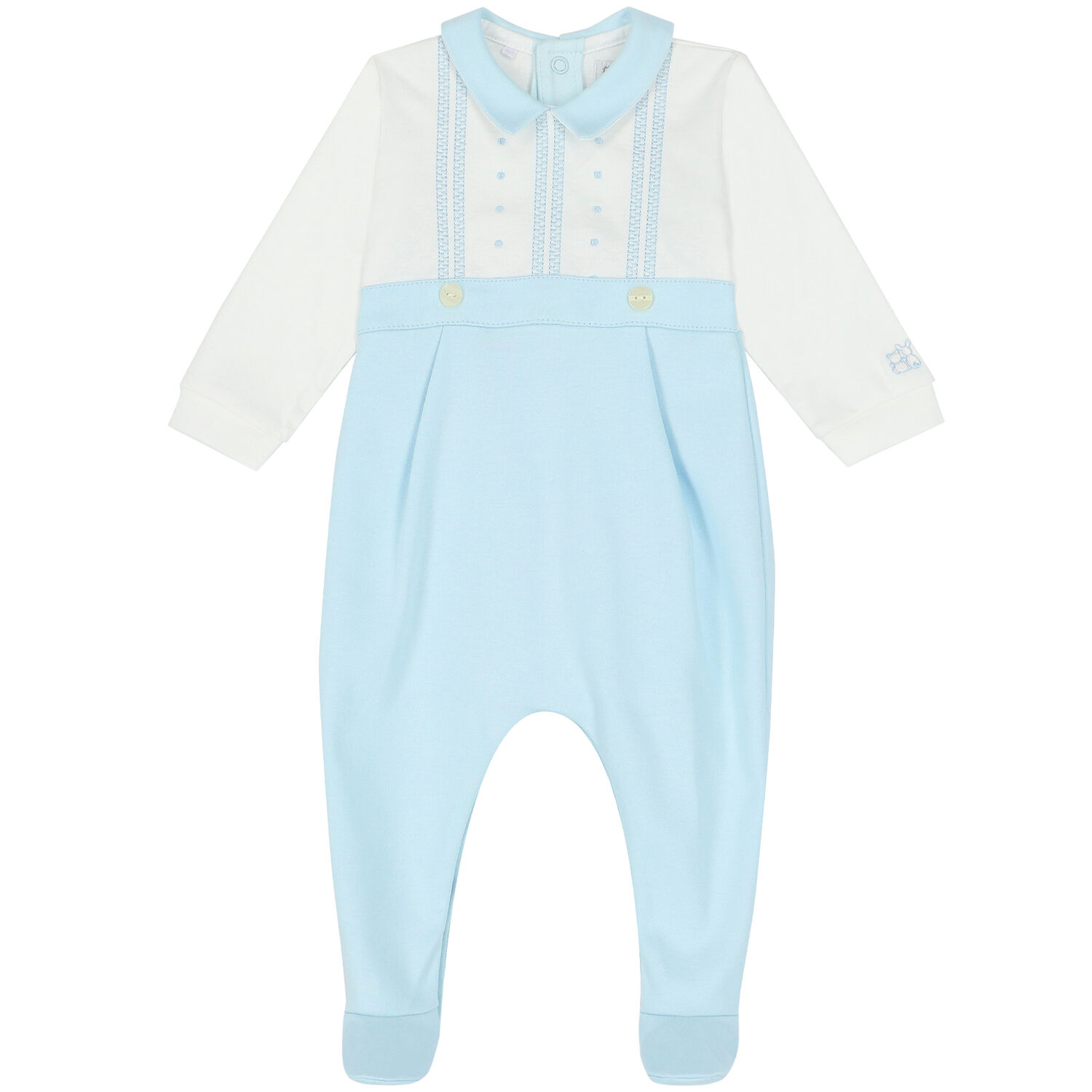 Baby Boys Blue & White Embroidered Babygrow, 1, hi-res