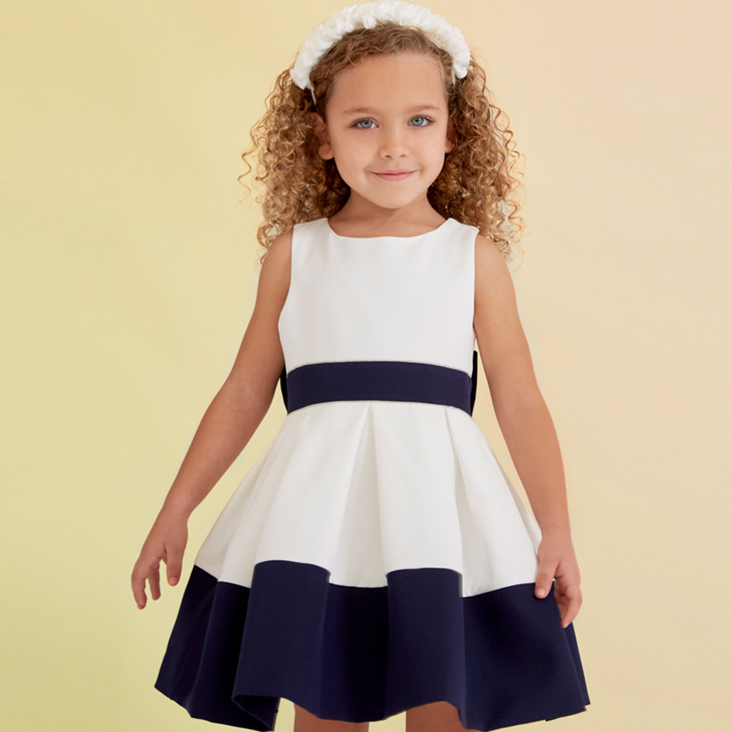Girls White & Navy Crepe Dress, 1, hi-res