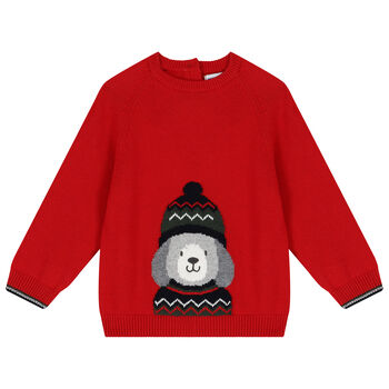 Younger Boys Red Puppy Knitted Jumper