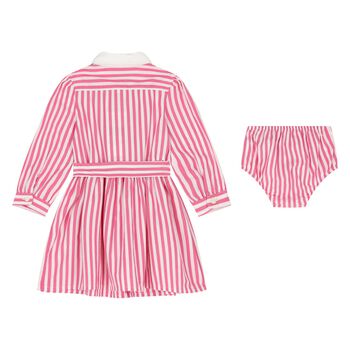 Baby Girls White & Pink Striped Dress Set