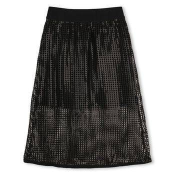 Girls Black Logo Sequin Mesh Midi Skirt
