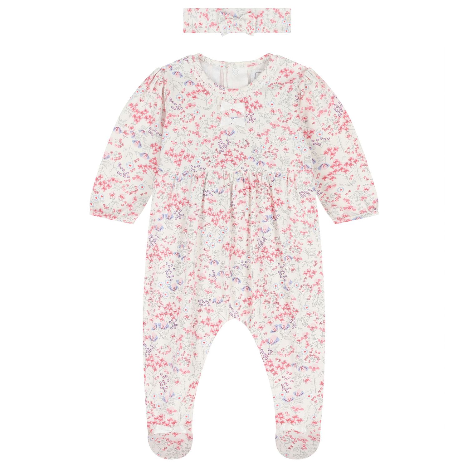 Baby Girls White & Pink Floral Babygrow Set, 1, hi-res