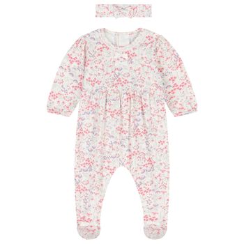 Baby Girls White & Pink Floral Babygrow Set