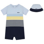 Baby Boys Blue Striped Logo Romper & Hat Set, 1, hi-res