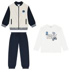 Boys White, Grey & Navy Blue Tracksuit Set (3 Piece), 2, hi-res