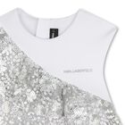 Girls White & Silver Logo Sequinned Organza Dress , 1, hi-res