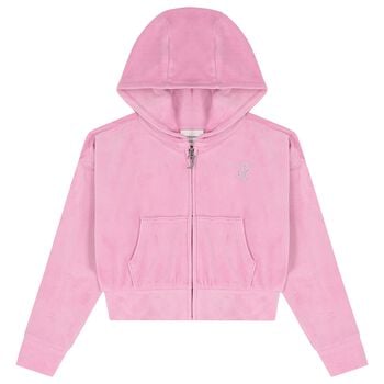 Girls Pink Embellished Logo Hooded Zip Up Top