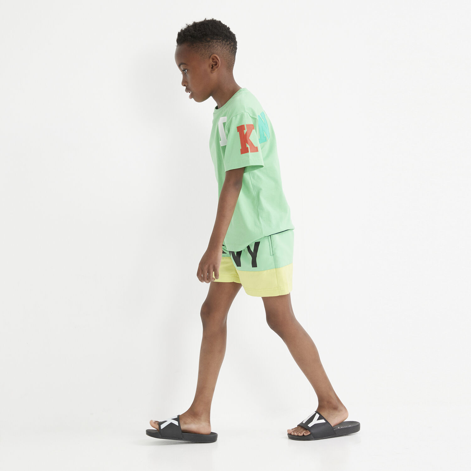 Boys Navy, Green & Yellow Logo Swim Shorts, 1, hi-res