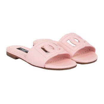 Girls Pink Leather Logo Sliders
