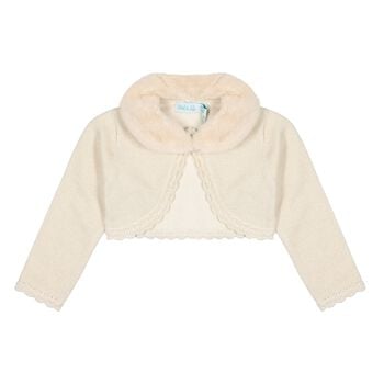 Younger Girls Beige Faux Fur Collar Cardigan