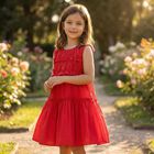 Girls Red Poplin Ruffle Dress, 3, hi-res