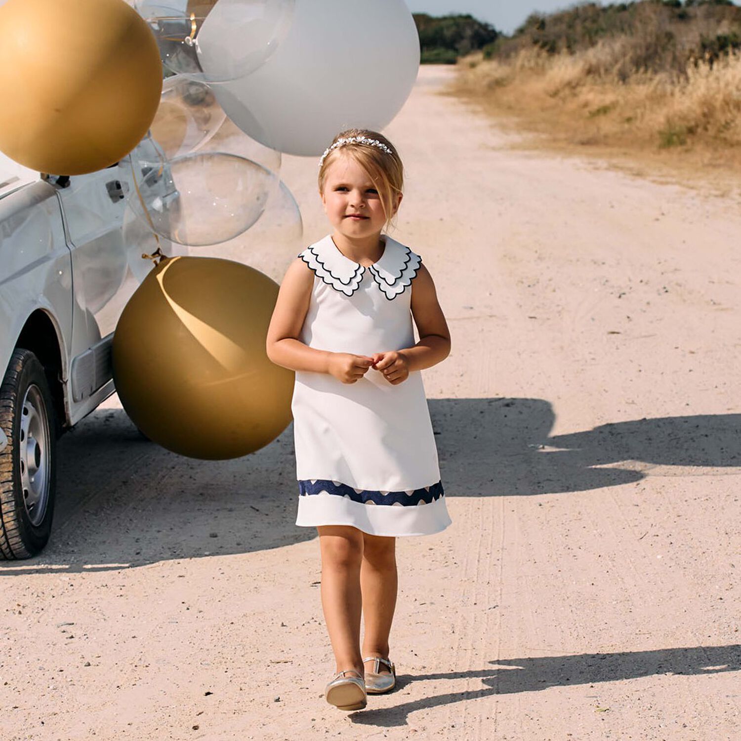 Girls White & Navy Blue Dress, 1, hi-res