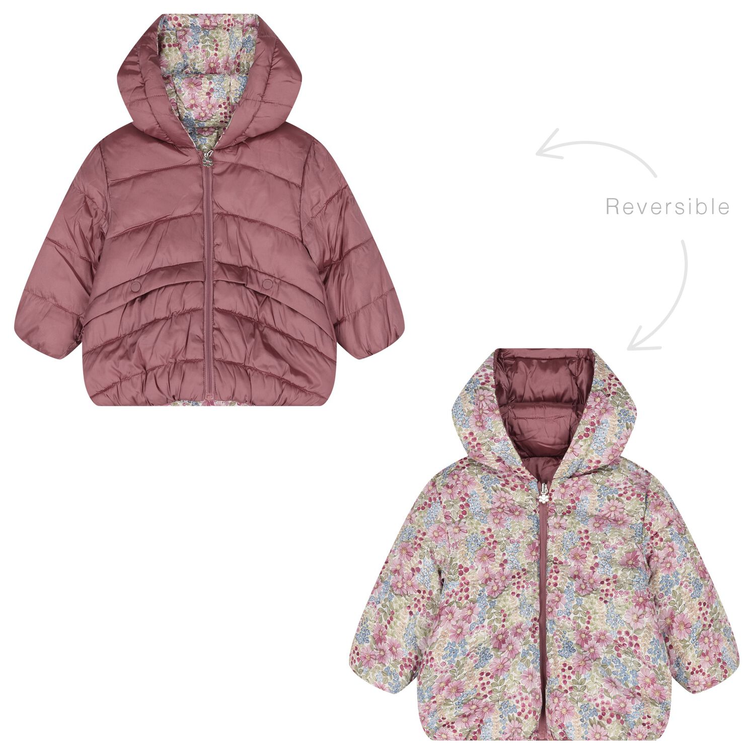 Younger Girls Rose Gold & Pink Floral Reversible Coat, 1, hi-res