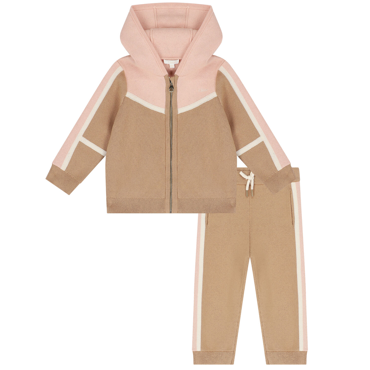 Younger Girls Pink & Beige Knitted Logo Tracksuit, 1, hi-res