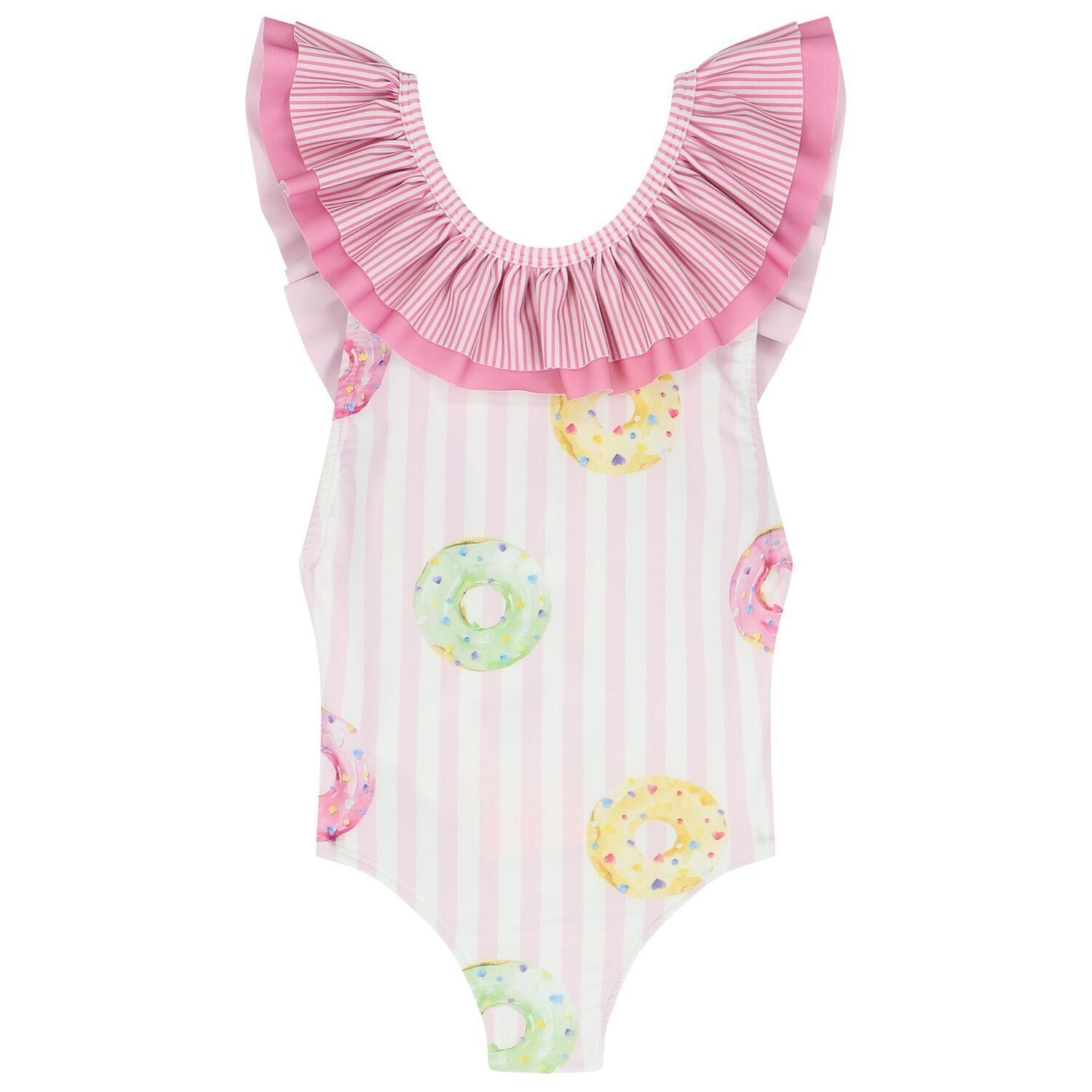 Girls White & Pink Striped Donuts Swimsuit, 1, hi-res