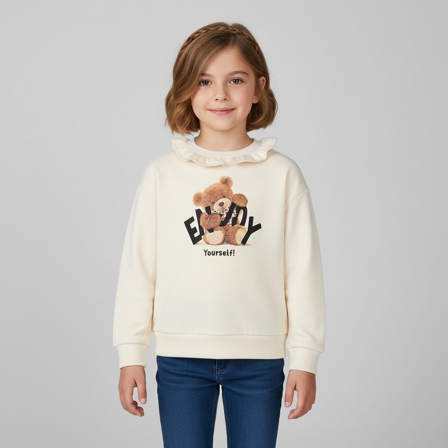Girls Ivory Teddy Bear Sweatshirt, 1, hi-res image number null