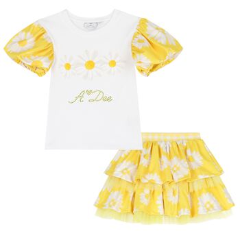 Girls White & Yellow Daisy Skirt Set