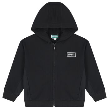 Boys Black Logo Hooded Zip Up Top