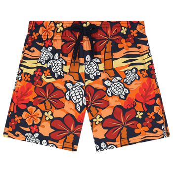 Boys Red & Orange Turtle Swim Shorts