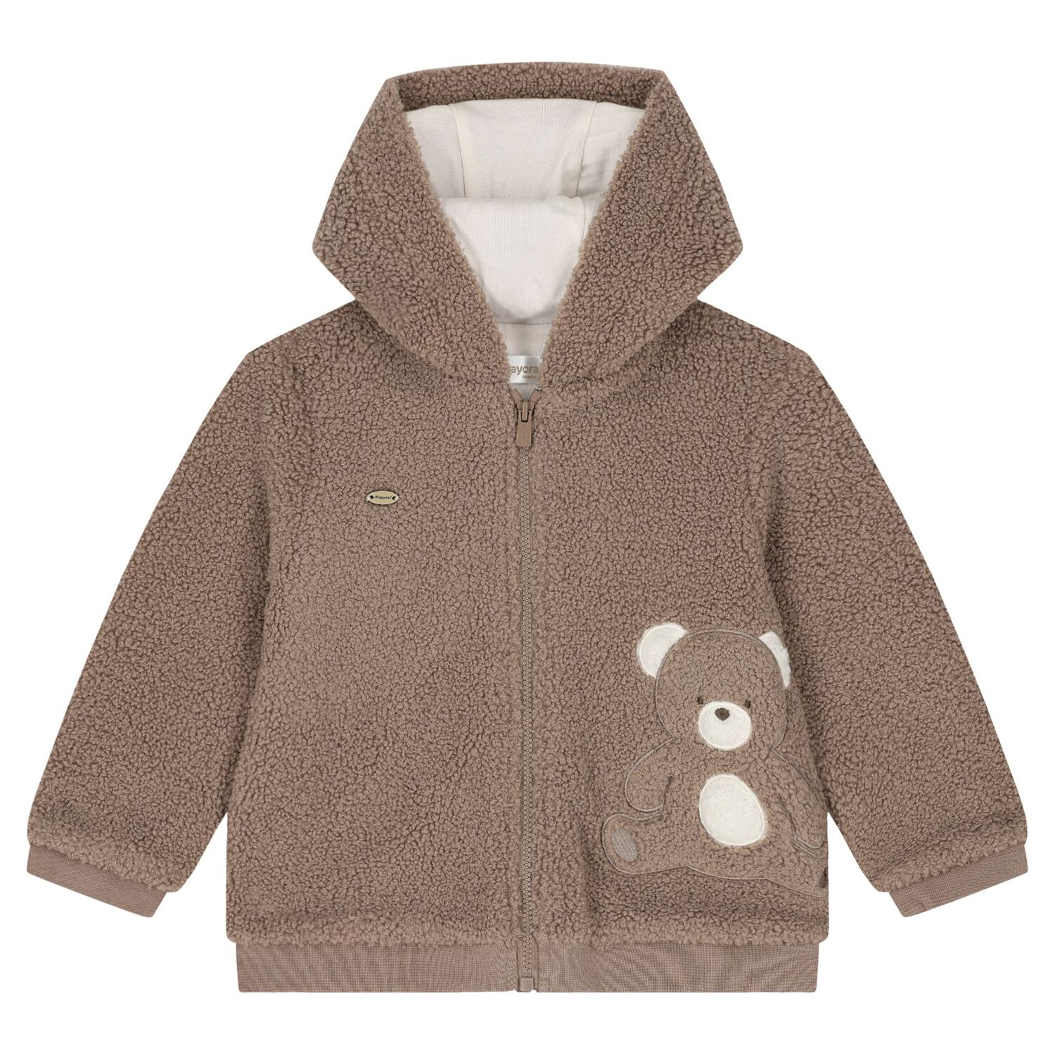 Beige Teddy Bear Hooded Zip Up Top, 1, hi-res