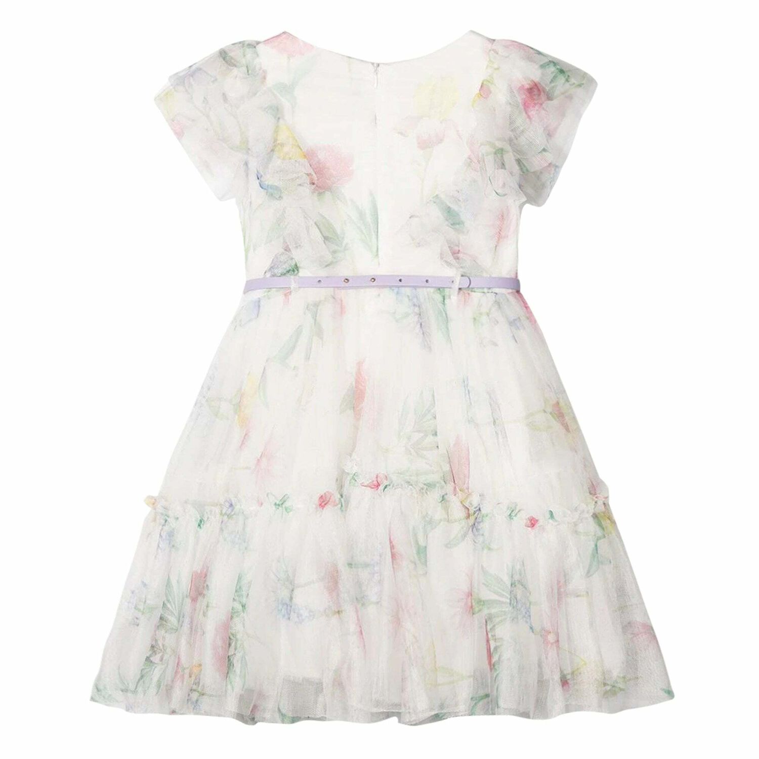 Girls White Printed Tulle Dress, 1, hi-res