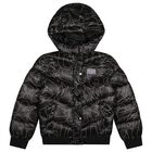 Girls Black Logo Puffer Jacket, 1, hi-res