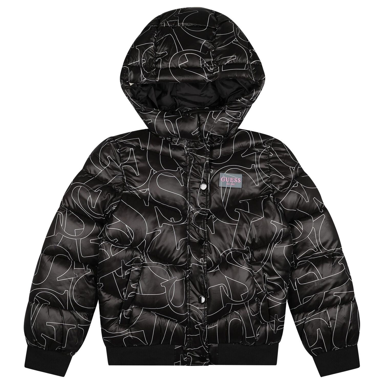 Girls Black Logo Puffer Jacket, 1, hi-res