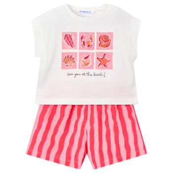 Girls White & Pink Striped Shorts Set