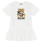 Girls White Teddy Bear Logo Dress, 1, hi-res