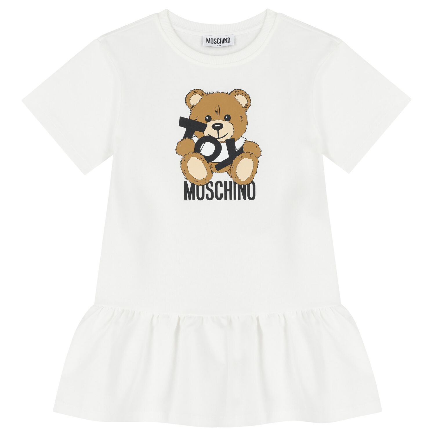 Girls White Teddy Bear Logo Dress, 1, hi-res