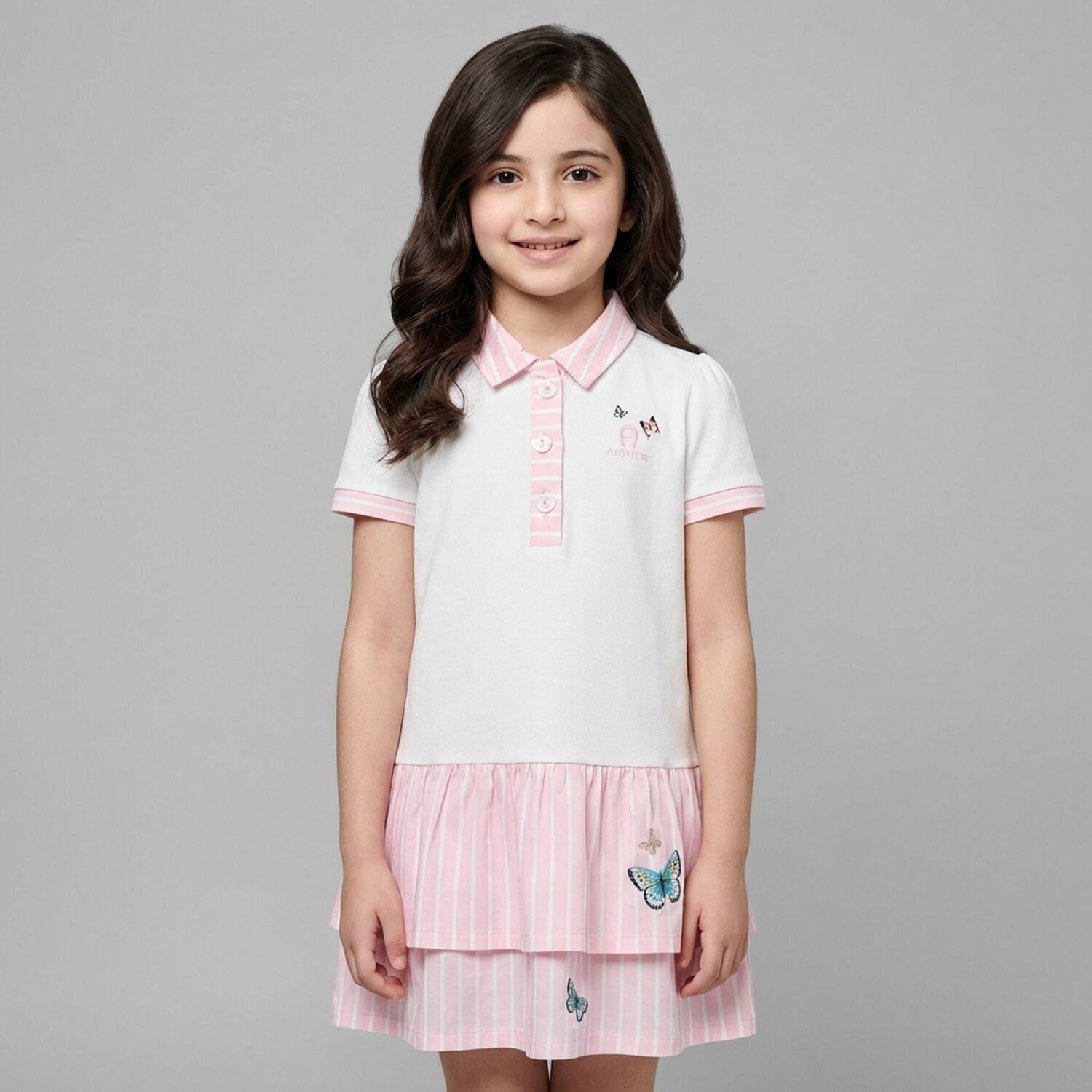 Younger Girls White & Pink Butterflies Logo Dress, 1, hi-res