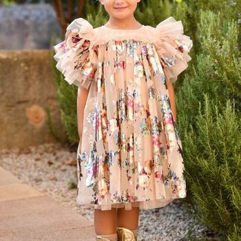 Girls Beige Tulle Flowers Dress