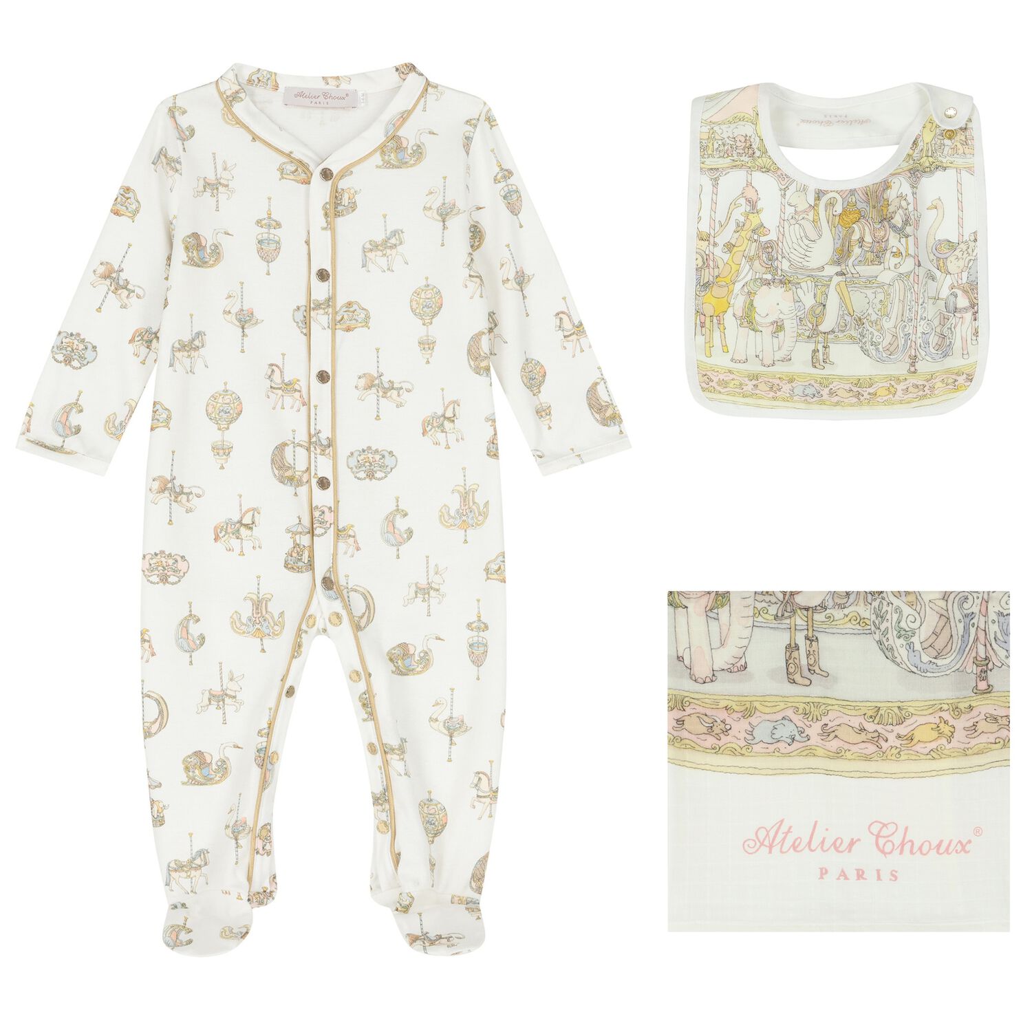 Baby Girls Ivory & Pink Carousel Babygrow Gift Set, 1, hi-res