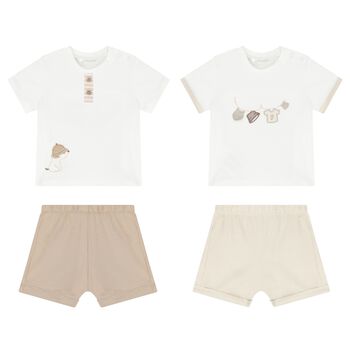 Baby Boys White & Beige Cotton Shorts Set ( 2-Pack )
