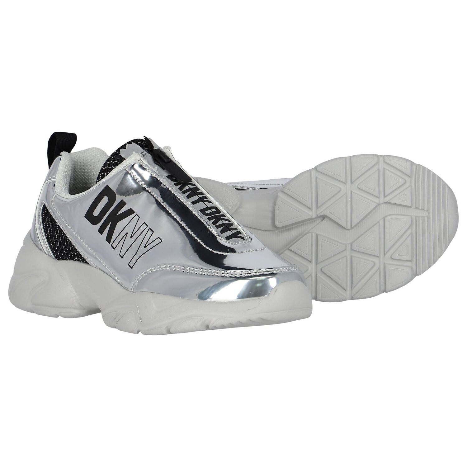Girls White & Silver Logo Trainers, 1, hi-res