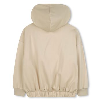 Girls Beige Logo Hooded Zip-Up Top