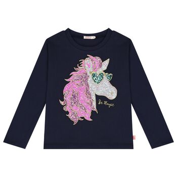 Girls Navy Blue Unicorn Long Sleeve Top
