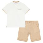 Boys White & Beige Shorts Set, 1, hi-res