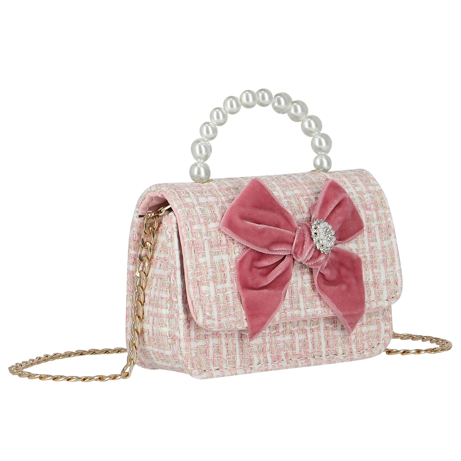 Girls Ivory & Pink Tweed Bow Bag, 1, hi-res