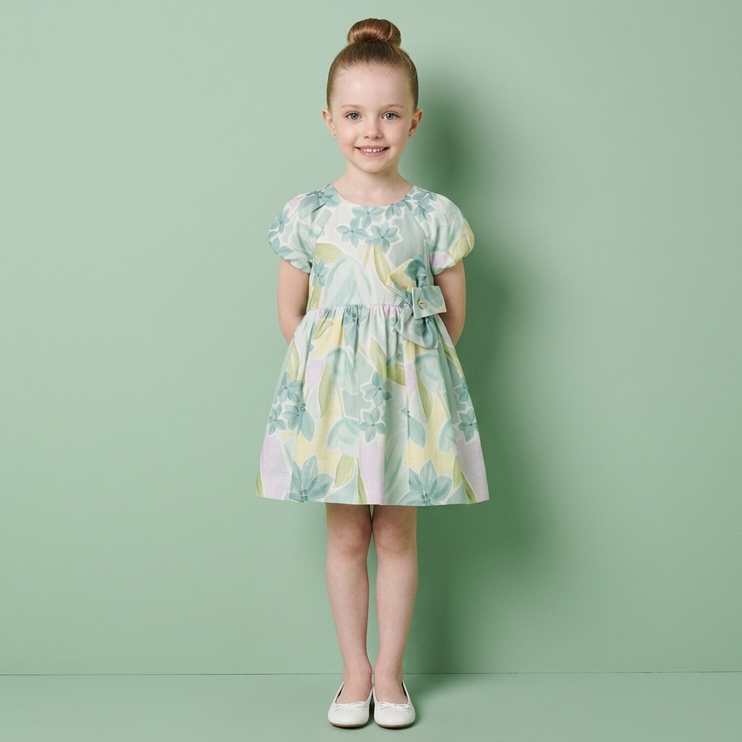 Younger Girls Green & Yellow Floral Dress, 2, hi-res