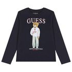 Boys Navy Blue Teddy Bear Logo Long Sleeve Top, 3, hi-res