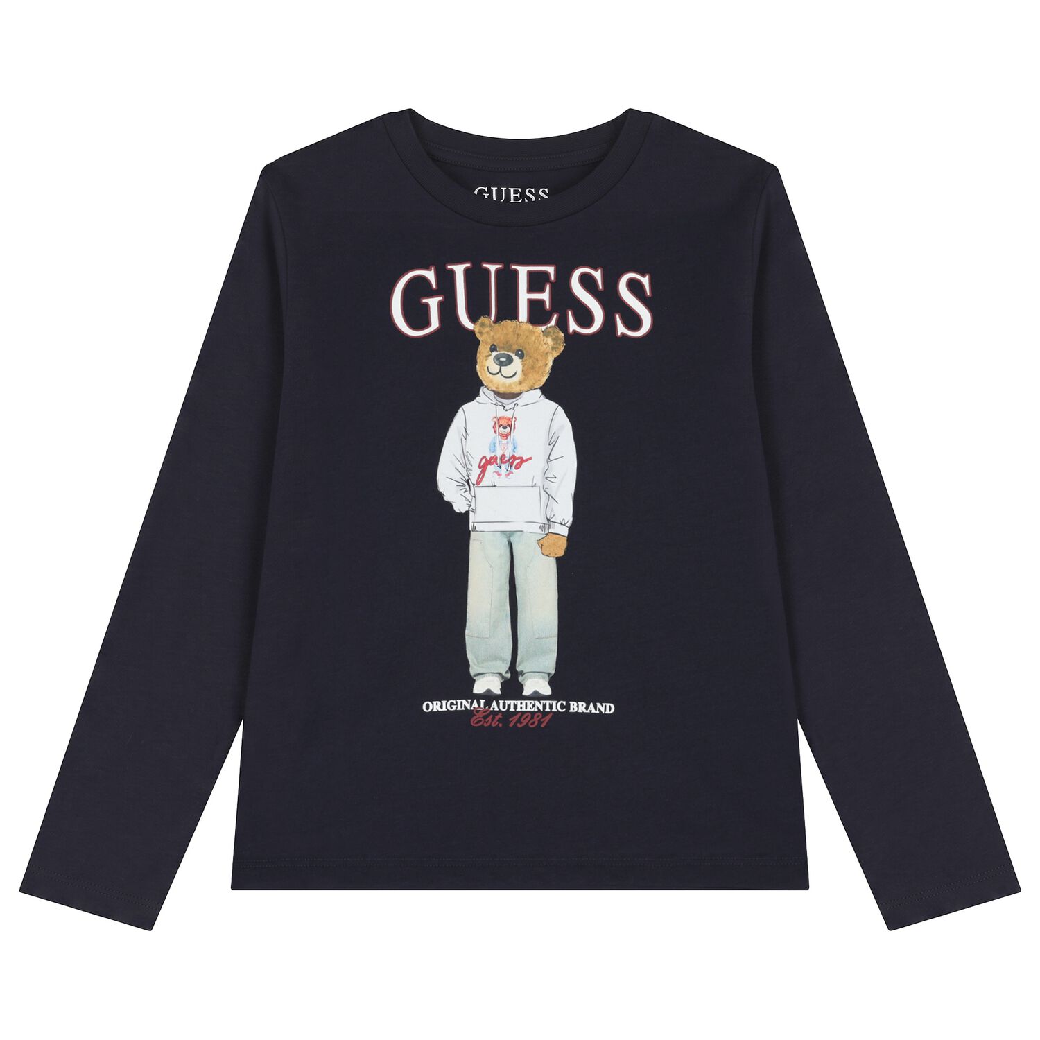 Boys Navy Blue Teddy Bear Logo Long Sleeve Top, 3, hi-res