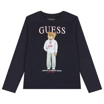 Boys Navy Blue Teddy Bear Logo Long Sleeve Top